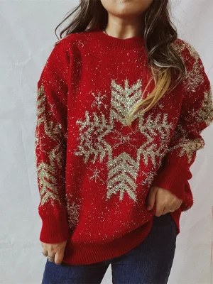 Gold Thread Snowflake Christmas Sweater O-Neck Long Sleeve