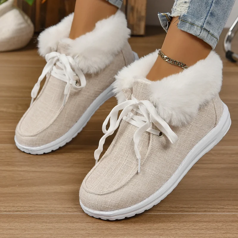 Women Faux Fur Fleece Lined Thermal Flat Snow Shoes Comfortable Lightweight - Image 2