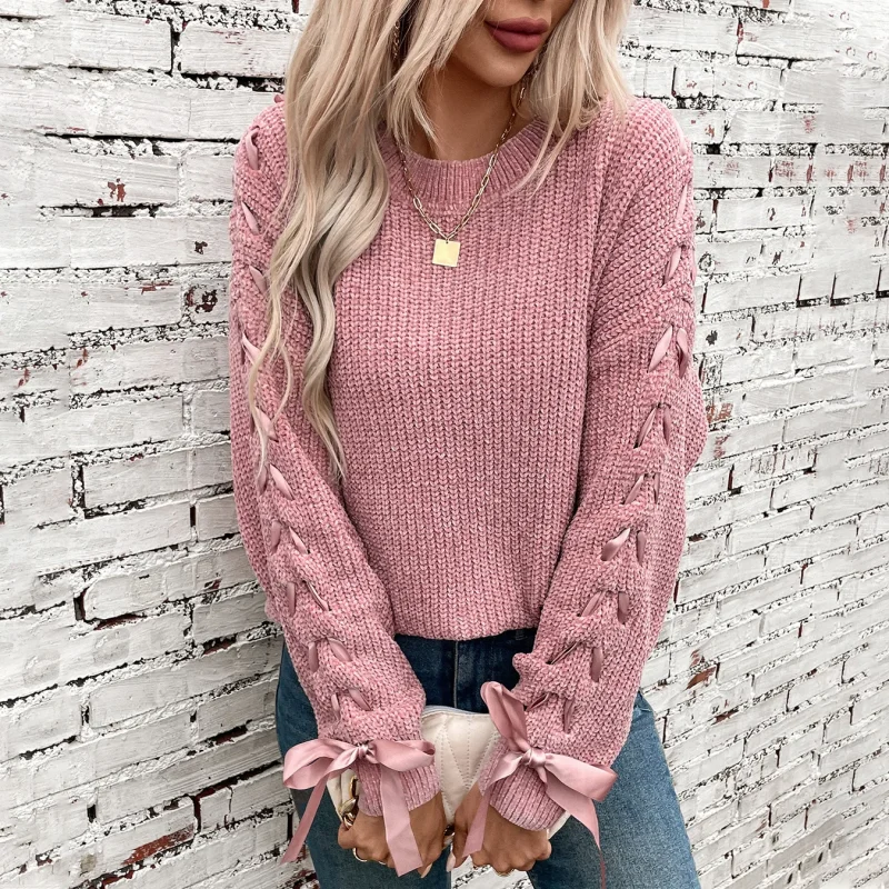Long Sleeve Lace Up O-Neck Pullover Women 2024 - Image 5
