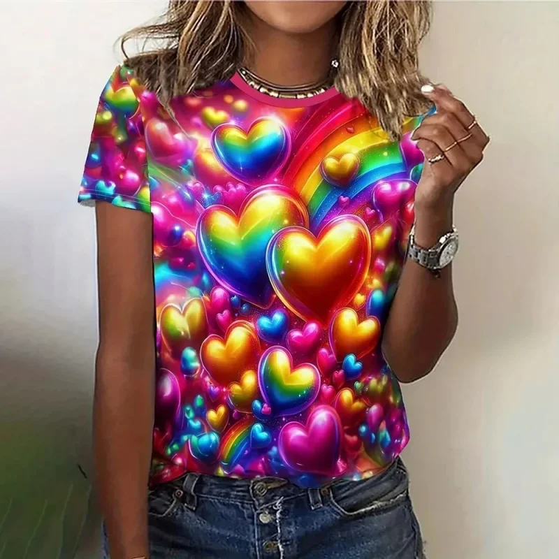 3D Love Print Women's Short Sleeve T-shirt Summer Round Neck - Image 4