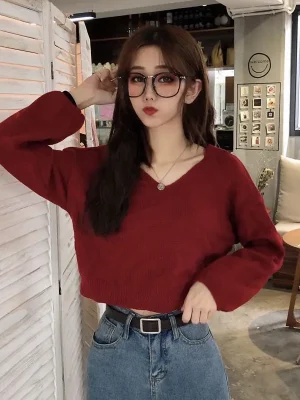 Korean Fashion V-Neck Zipper Sweater Women Spring