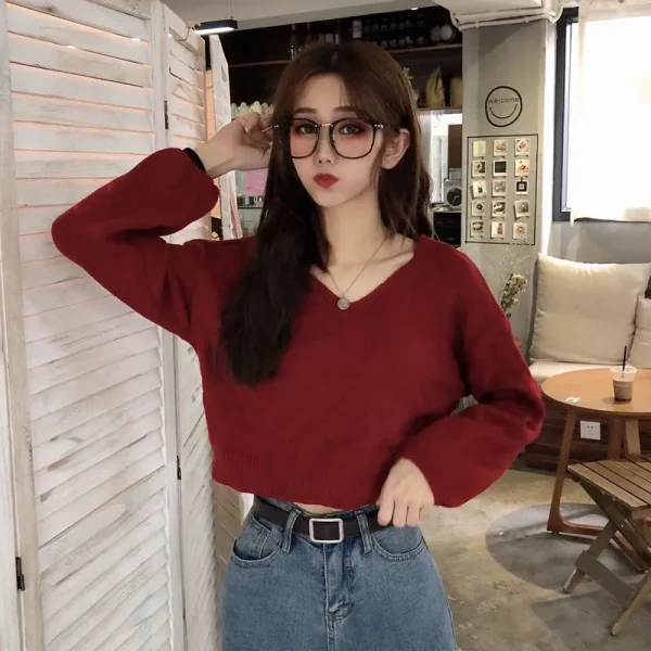 Korean Fashion V-Neck Zipper Sweater Women Spring