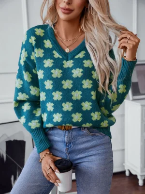 Floral V Neck Pullover Sweater For Women 2024