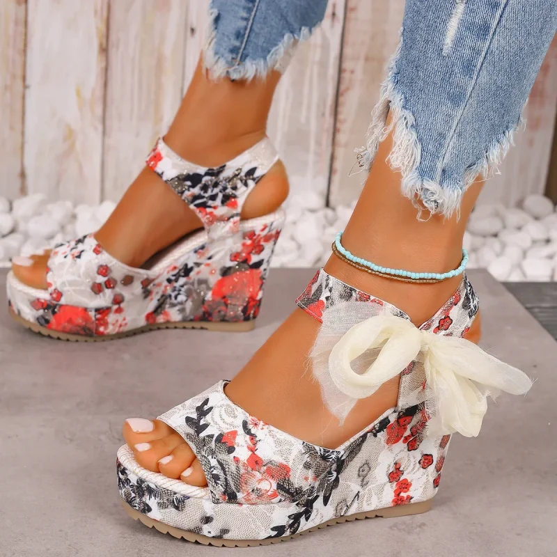 Female Open Toe Platform Sandals Fashion Flower Print Lace-up Wedges High Heels - Image 8