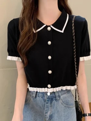 Sweet Women Shirt Korean Knitted Turn Down Collar Chic