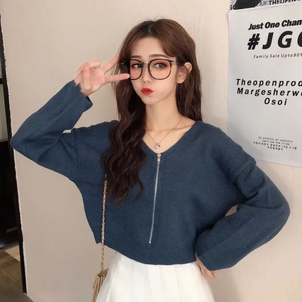 Korean Fashion V-Neck Zipper Sweater Women Spring - Image 12