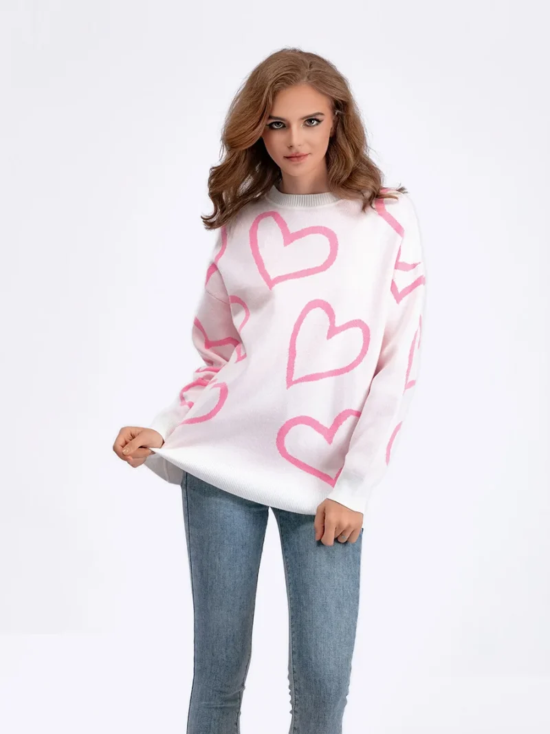 Heart Print O-Neck Pullovers Women Long Sleeve Loose Knitted Sweaters - Image 8