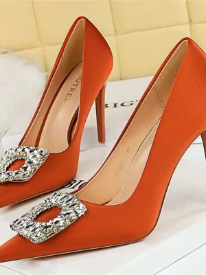 New Women 10.5cm High Heels Scarpins Silk Satin Crystal Buckle Pumps Lady