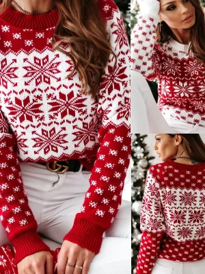 Winter Long Sleeve Knitted O Neck Snowflakes Christmas Sweater