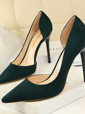 Women 10.5cm High Heels Green Flock Slim Fit Classic Pumps Lady