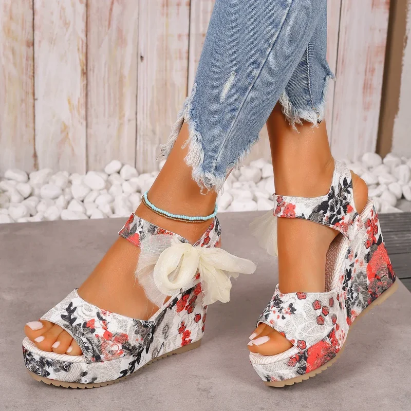 Female Open Toe Platform Sandals Fashion Flower Print Lace-up Wedges High Heels - Image 9