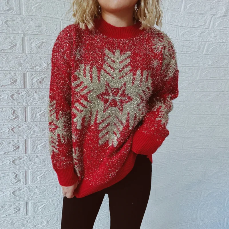 Snowflake Gold Thread Elk Christmas Sweater Women 2024