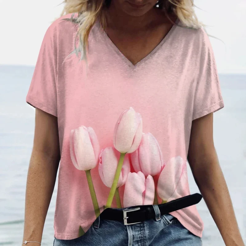Fashion Tulip 3D Printed Women's T-shirt Summer Casual Flower V-neck Shirt - Image 8