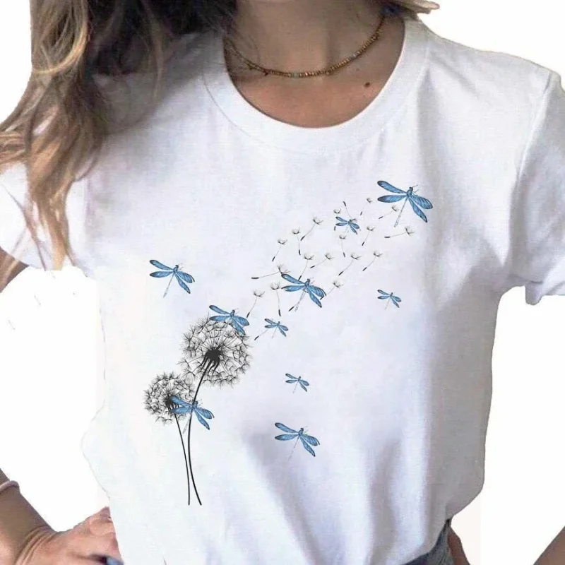 Black Women's Dandelion Flower Print Shirt Casual Fun Short Sleeve T-shirt - Image 3