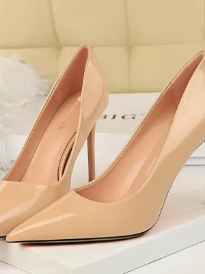 Women Fetish 9.5cm High Heels Nude Pumps Glossy Leather