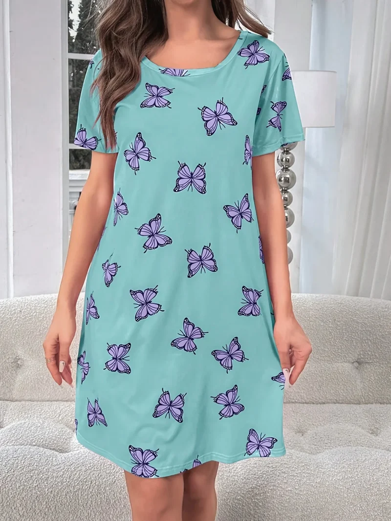 Casual Butterfly Printed Pajamas Short Sleeve Round Neck T-Shirt Dress - Image 2