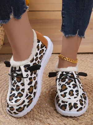 Women Fluffy Fur Snow Boots Women Autumn Winter Leopard Print Flat