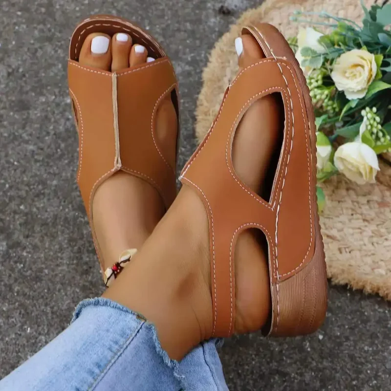 Women's Summer New Style Retro Solid Color Thick-soled Wedge Slippers - Image 11