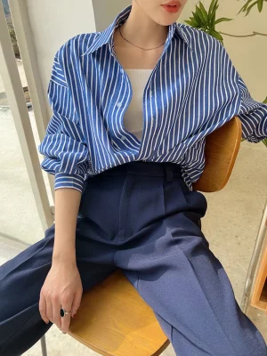 Retro Blue Stripe Women Shirts Korean Loose Button Office Female Blouse