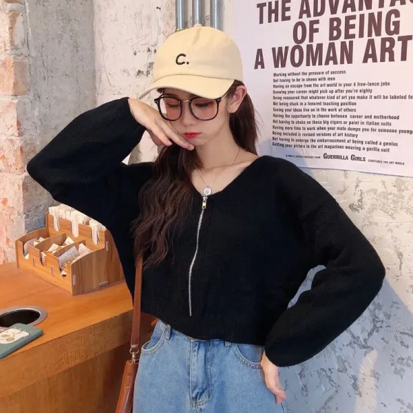 Korean Fashion V-Neck Zipper Sweater Women Spring - Image 4