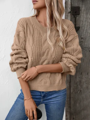 Solid Color Twists O-Neck Pullovers Women’s Autumn