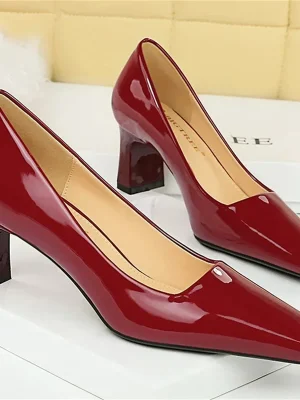 Women 6cm High Heels Pumps Lady Square Toe Glossy Patent Leather