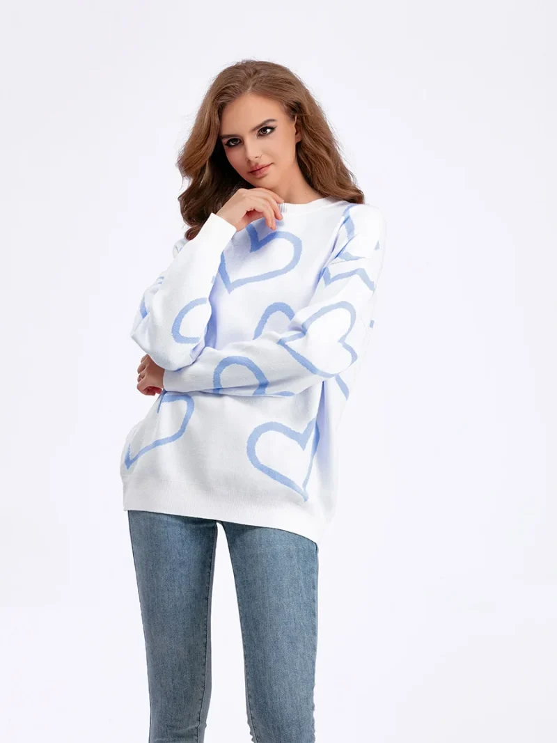 Heart Print O-Neck Pullovers Women Long Sleeve Loose Knitted Sweaters - Image 9