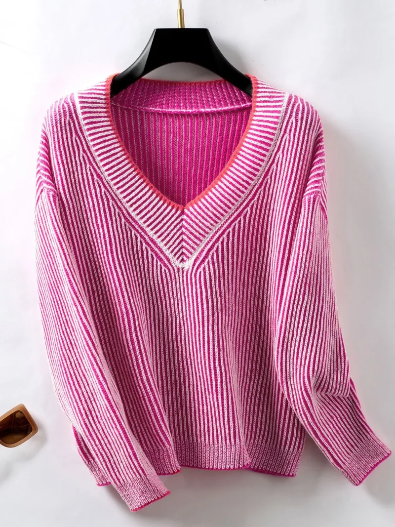 Women's Autumn V Neck Striped Sweater Long Sleeve - Image 13