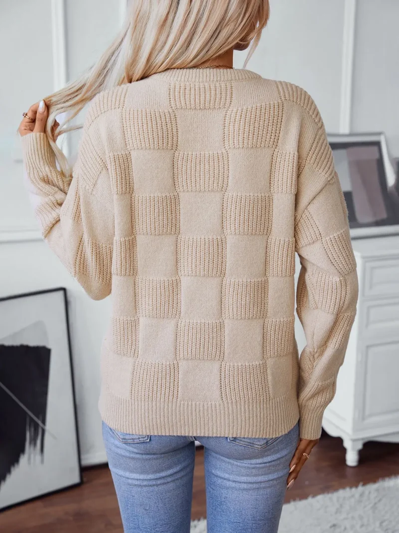 Women's Autumn Sweaters 2024 Fashion Plaid Solid Color Pullover - Image 9