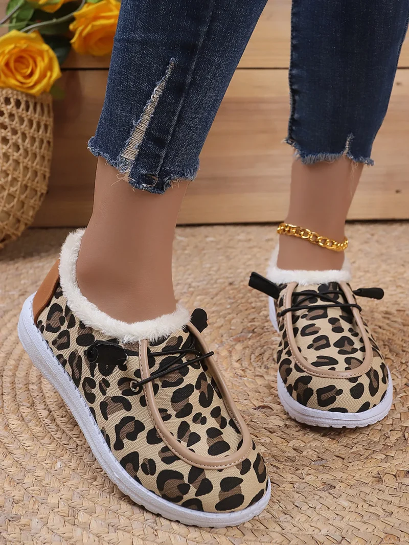 Women Fluffy Fur Snow Boots Women Autumn Winter Leopard Print Flat - Image 2