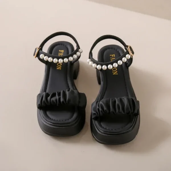 Summer New Round Toe Open Toe Pearl Chain Buckle Thick Sole - Image 10