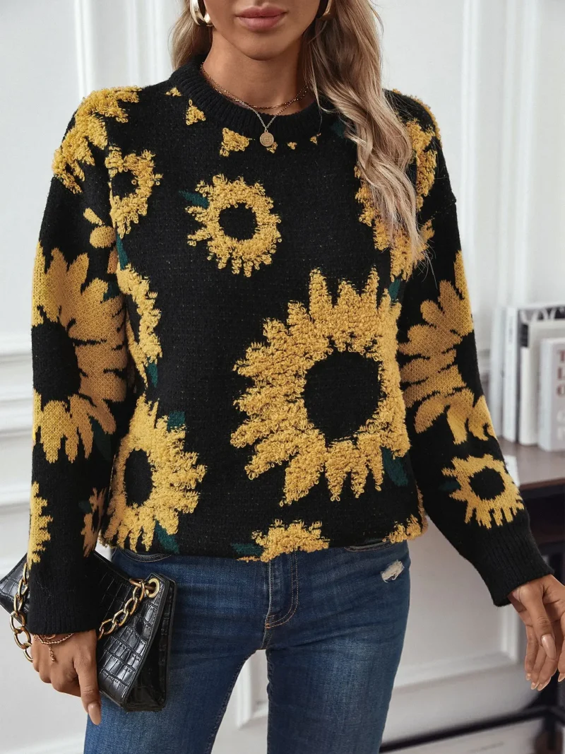 Sunflower Embroidered O-Neck Pullovers Women Long Sleeve Knitted Floral Sweaters - Image 8