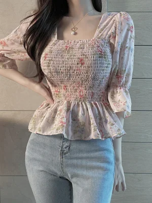 Sweet Flora Women Shirts Korean Chiffon Slim Ruffles