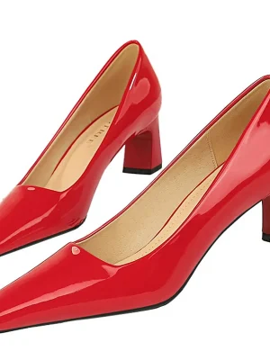 Women 6cm High Heels Pumps Lady Square Toe Glossy Patent Leather