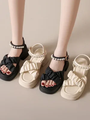 Summer New Open Toe Pearl Button Strap Thick Sole Waterproof Platform Sandals