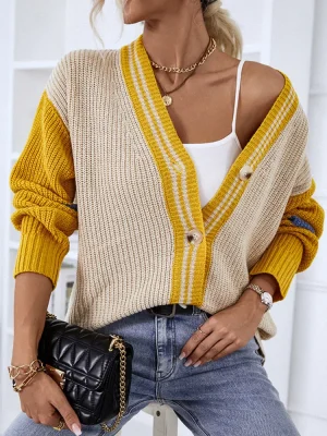 Color Stitching Long Sleeve Single Breasted Cardigan Sweater