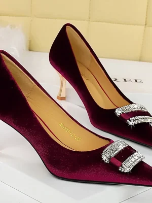 Women 7cm High Heels Sexy Rhinestone Buckle Pointed Toe Party Low Heels