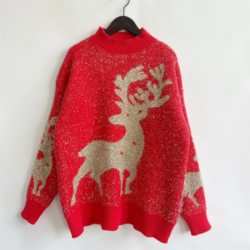 Snowflake Gold Thread Elk Christmas Sweater Women 2024 - Image 10