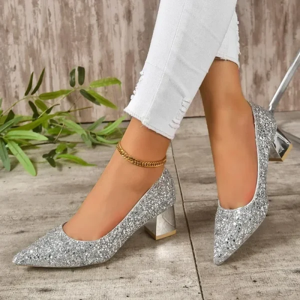 Fashion Large Heel Single Shoes Wearing Sequin Face Pointed Toe - Image 3