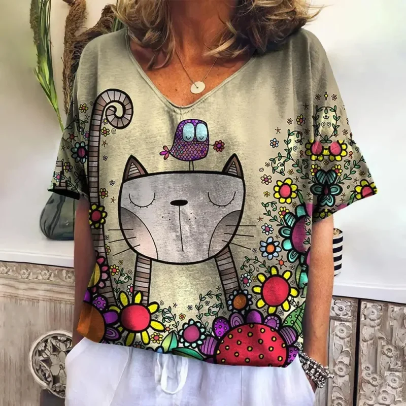 Short Sleeve Cartoon Cat 3D Print Loose Casual V-neck Fun Women's Top Shirt - Image 4