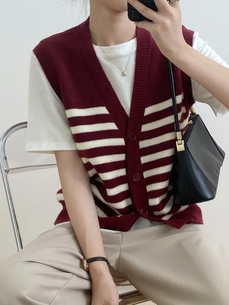 Korean Fashion Preppy Style Sriped Sleeveless Sweater Vest Women - Image 23
