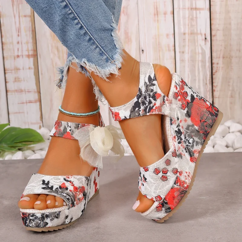 Female Open Toe Platform Sandals Fashion Flower Print Lace-up Wedges High Heels - Image 12