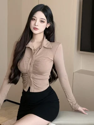 Sexy Women Shirts Korean Folds Slim Long Sleeve Female Blouse