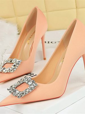 Women 10cm High Heels Satin Silk Dress Bling Crystal Rhinestone