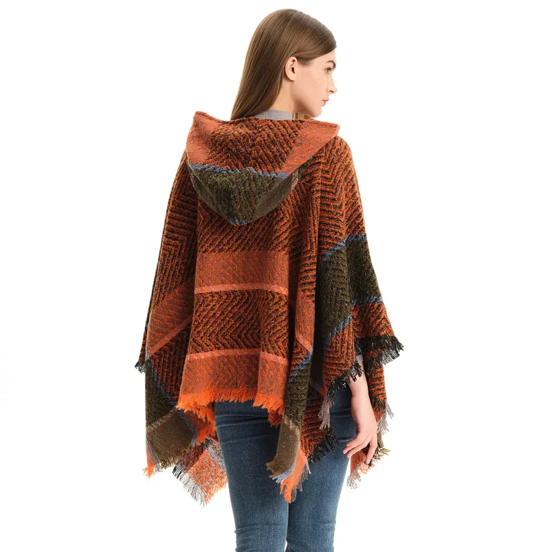 Winter Hooded Capes Women Loose Striped Poncho - Image 4