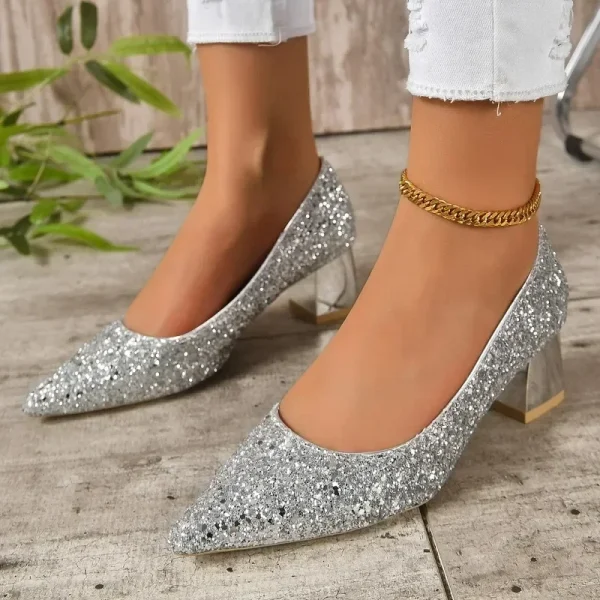 Fashion Large Heel Single Shoes Wearing Sequin Face Pointed Toe - Image 5