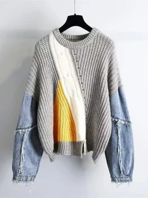 Witner Denim Patchwork Sweater Women Korean Fashion