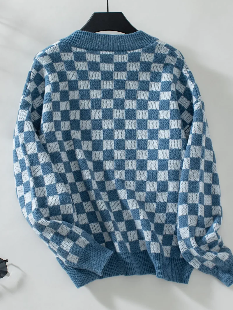 Autumn Winter Cloth Women's V-Neck Long Sleeve Plaid Sweaters - Image 13