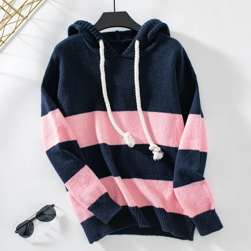 Hooded Striped Pullover Sweater Women Autumn