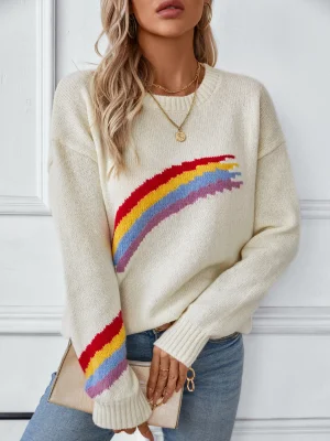 Rainbow Striped O-Neck Pullovers Women Fall Winter Cloth